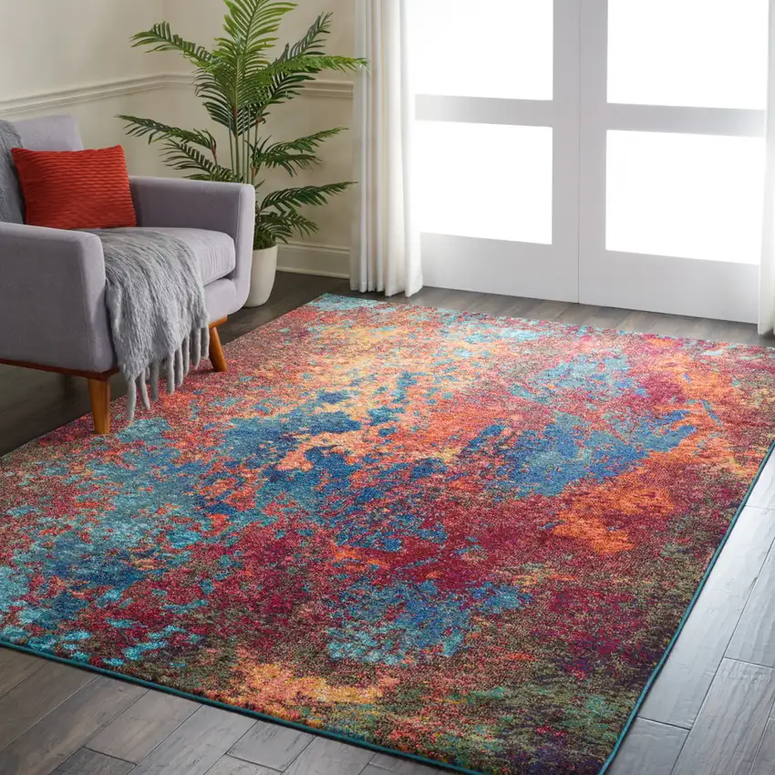 Blue and Orange Abstract Power Loom Area Rug Photo 7