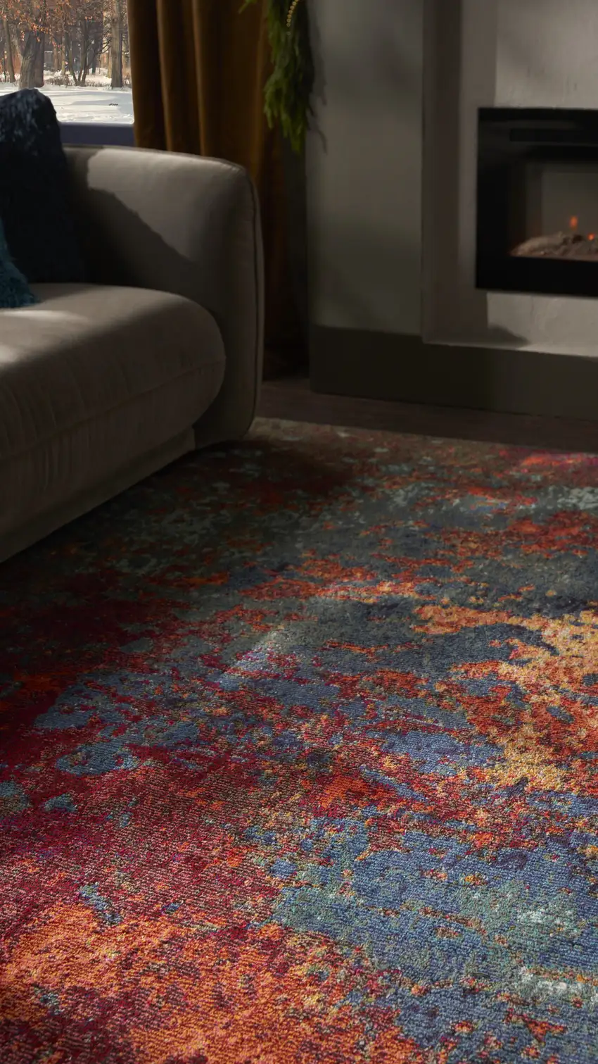Blue and Orange Abstract Power Loom Area Rug Photo 9