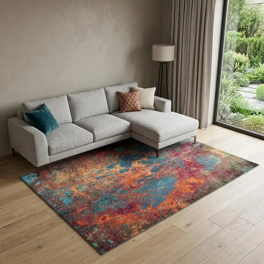 Blue and Orange Abstract Power Loom Area Rug Photo 1