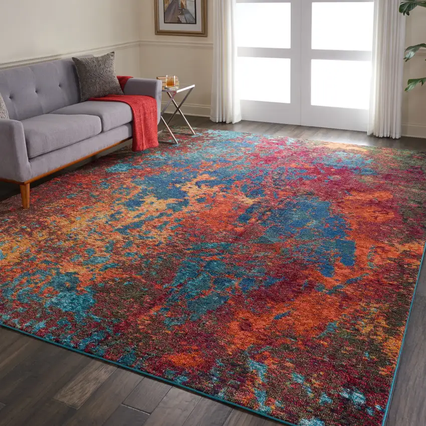 Blue and Orange Abstract Power Loom Area Rug Photo 7