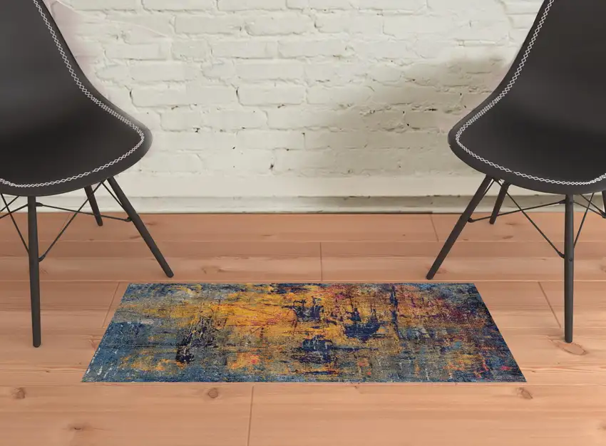 Blue and Orange Abstract Power Loom Area Rug Photo 2