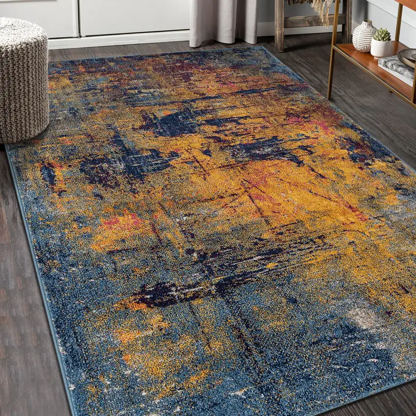 Blue and Orange Abstract Power Loom Area Rug Photo 4