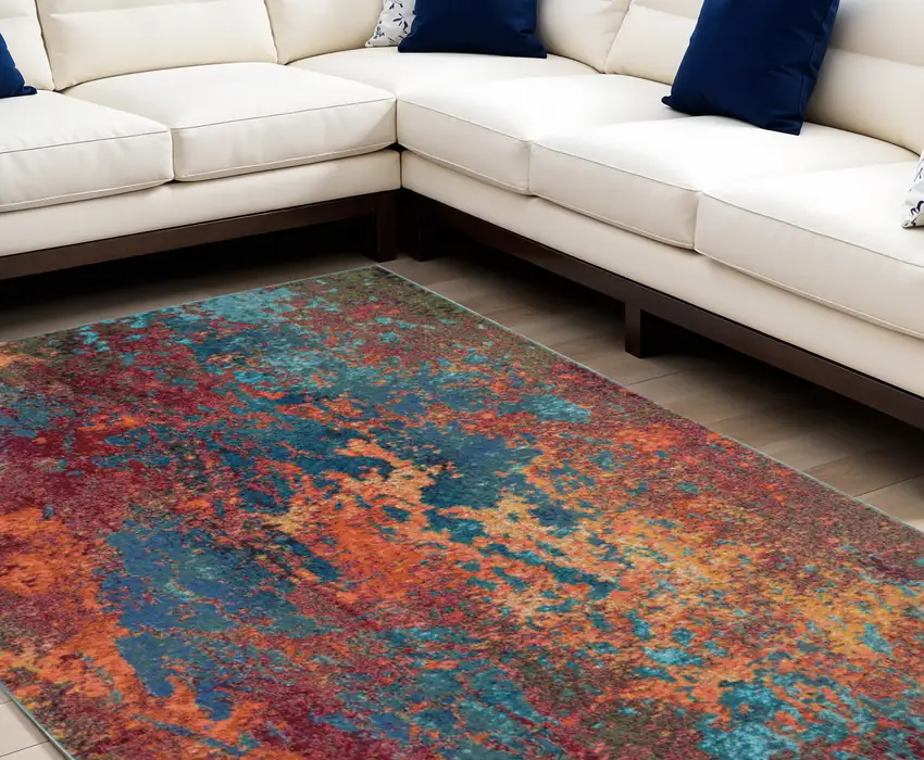 Blue and Orange Abstract Power Loom Area Rug Photo 2