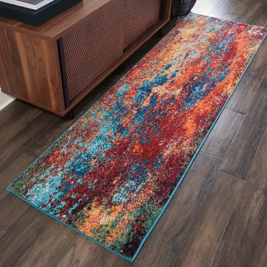 12' Blue And Orange Abstract Runner Rug Photo 4