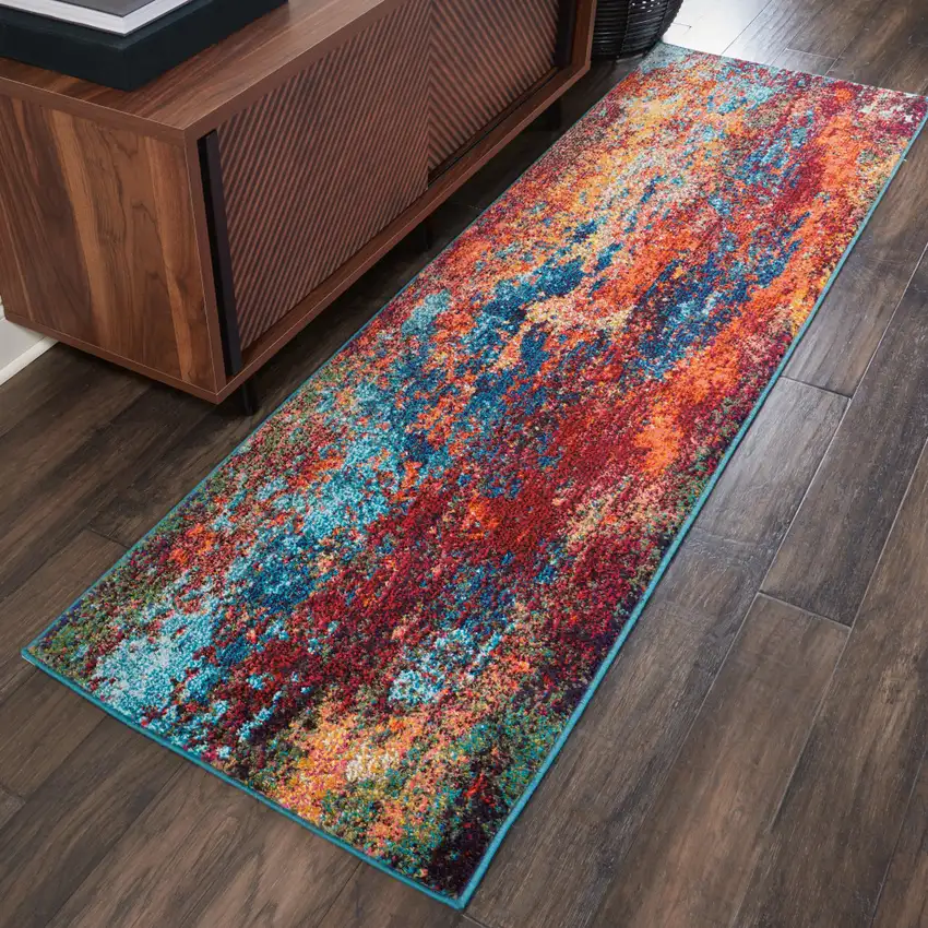 12' Blue And Orange Abstract Runner Rug Photo 4