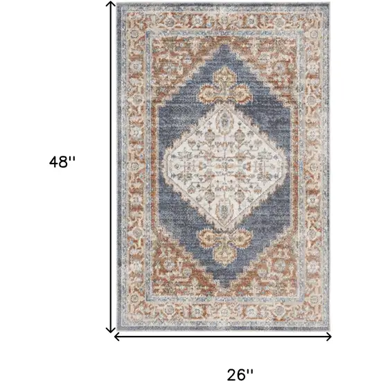 Blue and Orange Floral Medallion Power Loom Distressed Washable Area Rug Photo 3