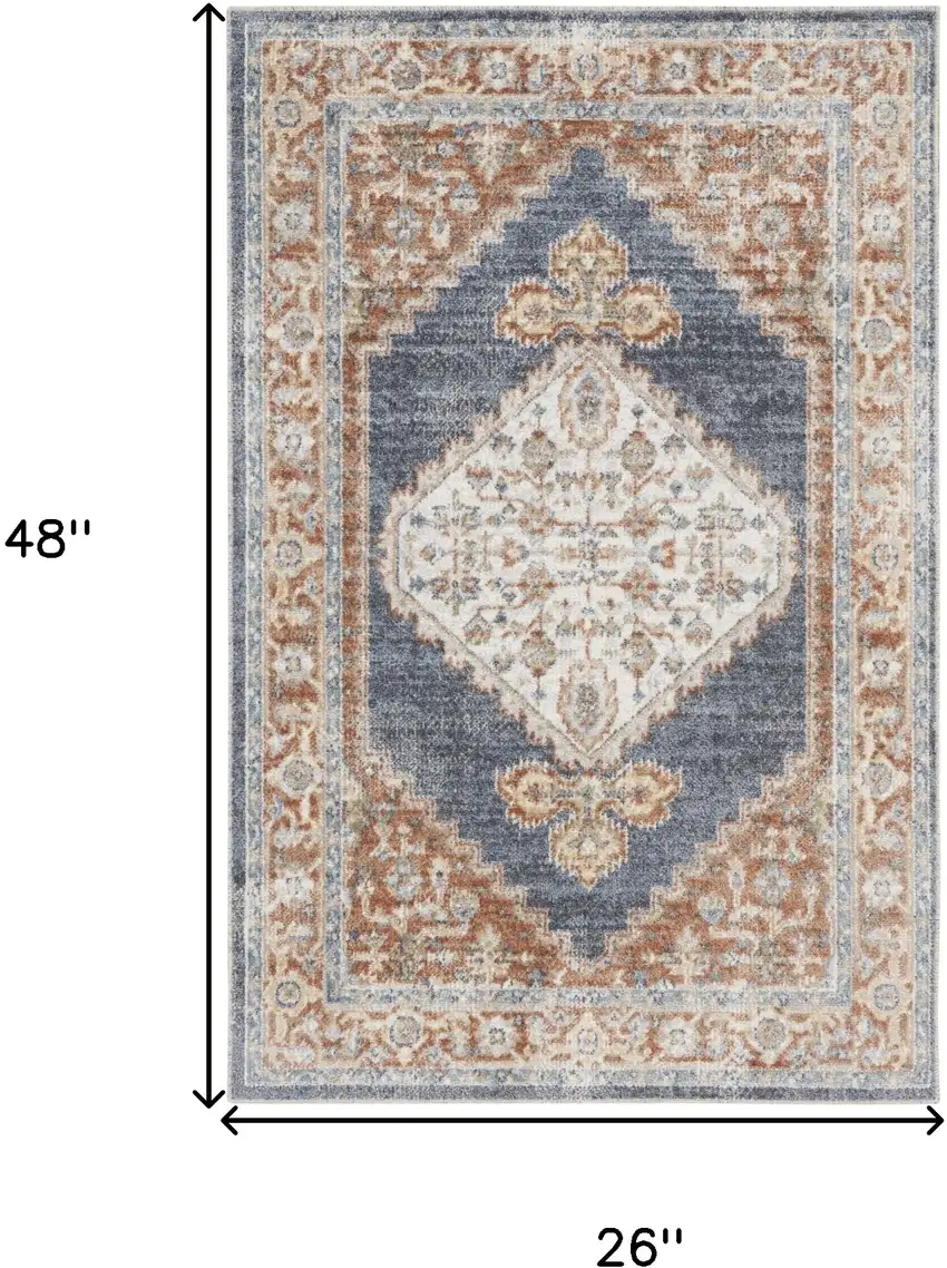 Blue and Orange Floral Medallion Power Loom Distressed Washable Area Rug Photo 3