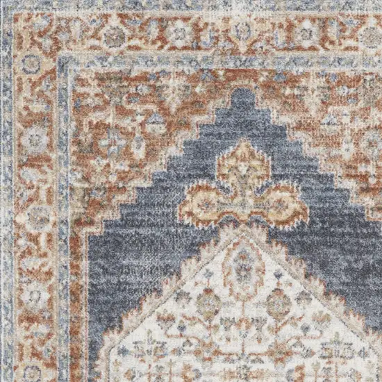 Blue and Orange Floral Medallion Power Loom Distressed Washable Area Rug Photo 9