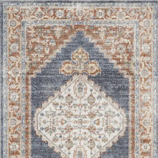 Blue and Orange Floral Medallion Power Loom Distressed Washable Area Rug Photo 8