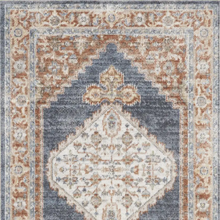 Blue and Orange Floral Medallion Power Loom Distressed Washable Area Rug Photo 8