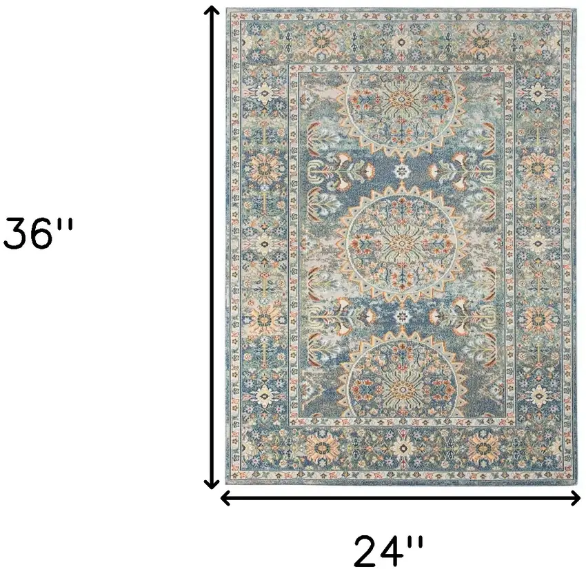 Blue and Orange Floral Medallion Stain Resistant Indoor Outdoor Area Rug Photo 9