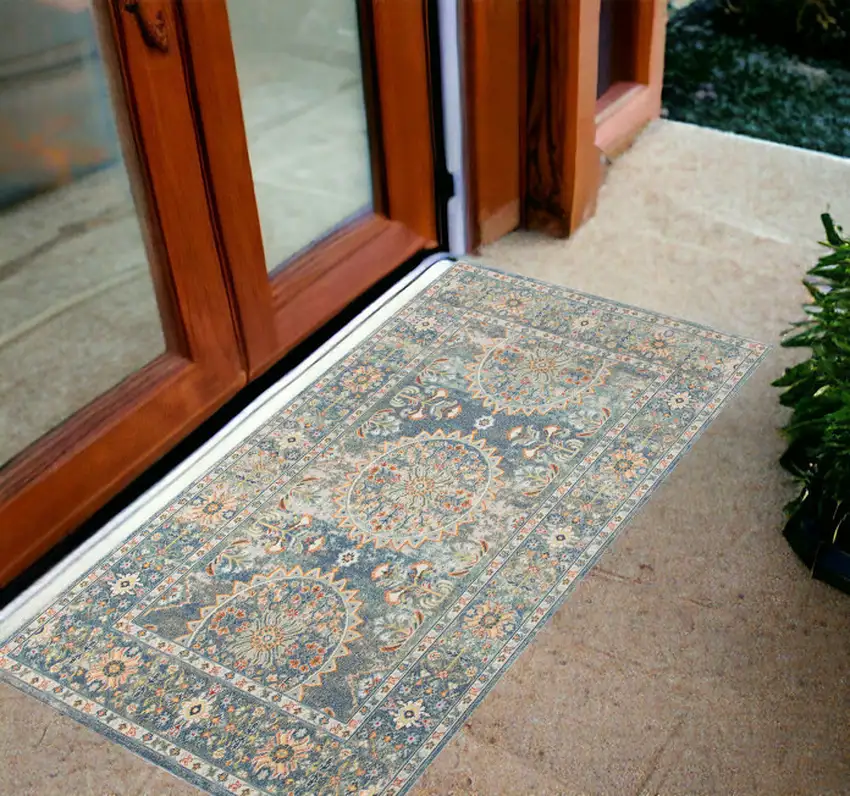 Blue and Orange Floral Medallion Stain Resistant Indoor Outdoor Area Rug Photo 1