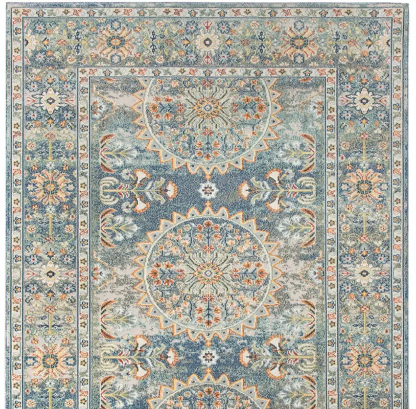 Blue and Orange Floral Medallion Stain Resistant Indoor Outdoor Area Rug Photo 8