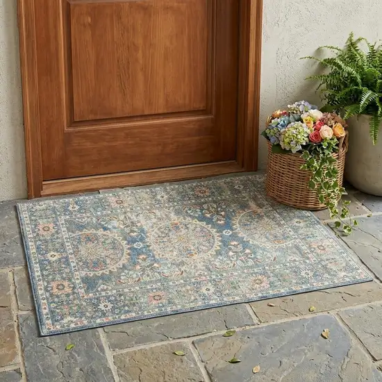 Blue and Orange Floral Medallion Stain Resistant Indoor Outdoor Area Rug Photo 1