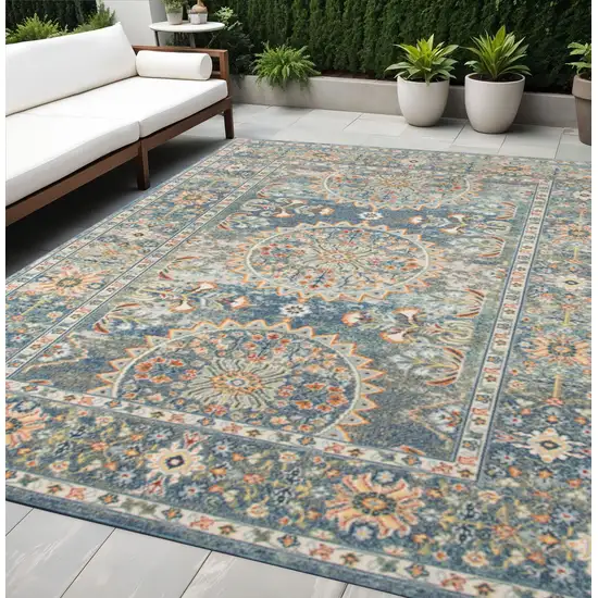 Blue and Orange Floral Medallion Stain Resistant Indoor Outdoor Area Rug Photo 1