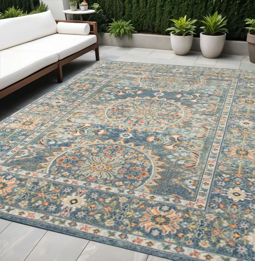 Blue and Orange Floral Medallion Stain Resistant Indoor Outdoor Area Rug Photo 1