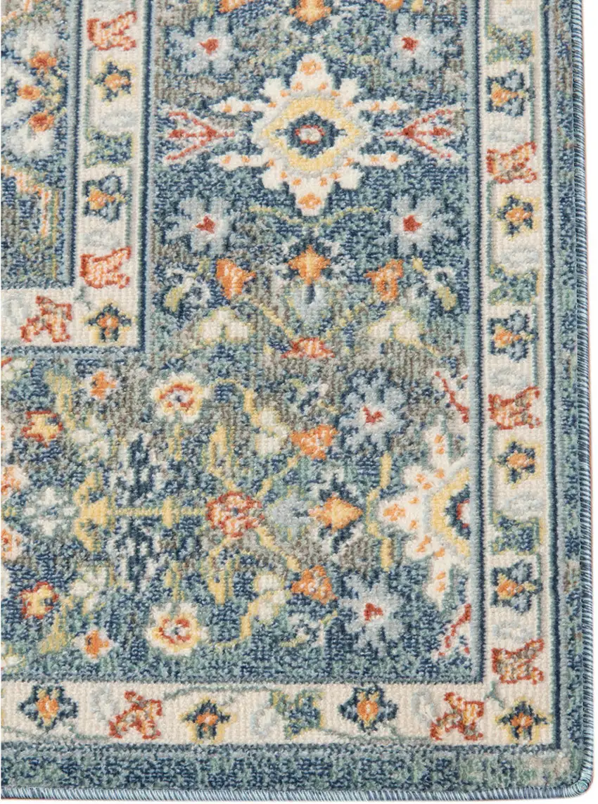 Blue and Orange Floral Medallion Stain Resistant Indoor Outdoor Area Rug Photo 3