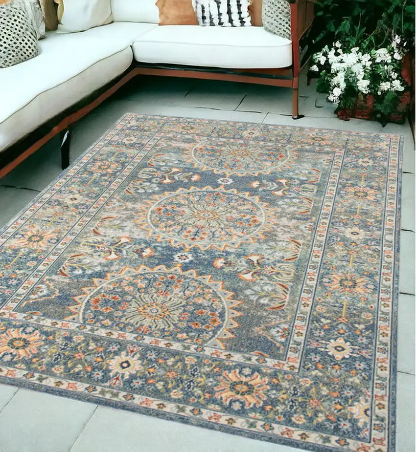 Blue and Orange Floral Medallion Stain Resistant Indoor Outdoor Area Rug Photo 1