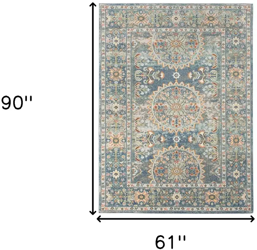 Blue and Orange Floral Medallion Stain Resistant Indoor Outdoor Area Rug Photo 9