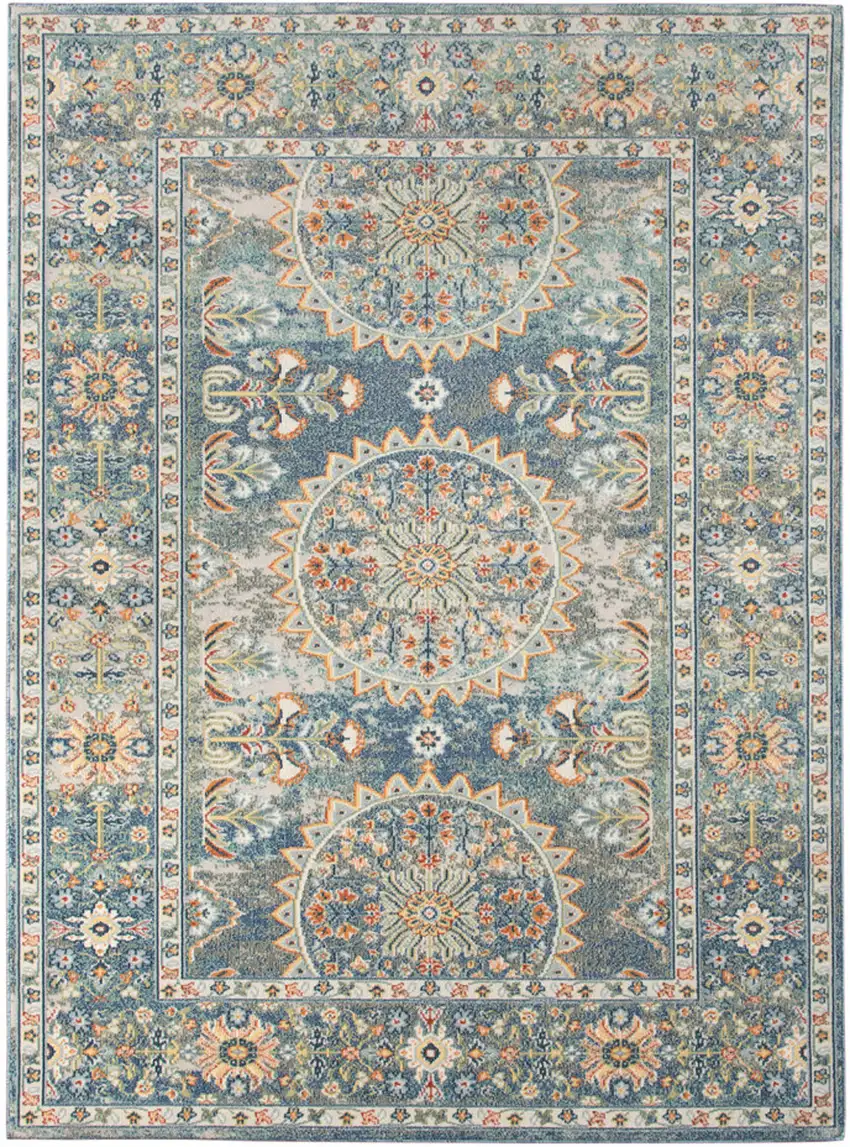 Blue and Orange Floral Medallion Stain Resistant Indoor Outdoor Area Rug Photo 2