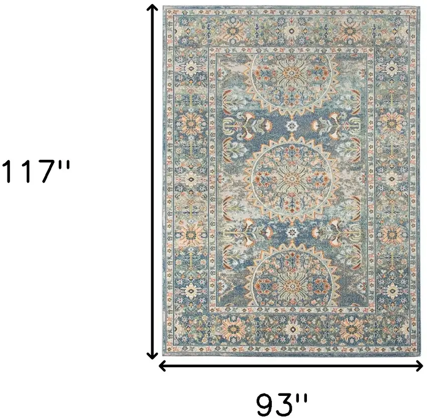 Blue and Orange Floral Medallion Stain Resistant Indoor Outdoor Area Rug Photo 9