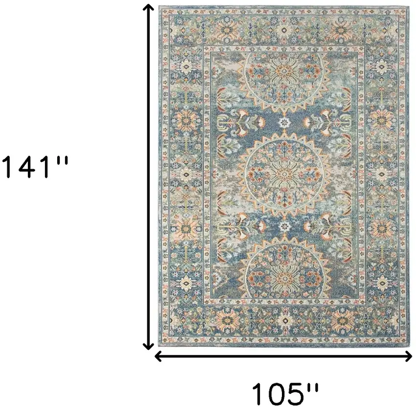 Blue and Orange Floral Medallion Stain Resistant Indoor Outdoor Area Rug Photo 9
