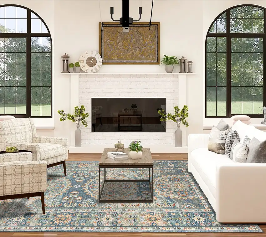 Blue and Orange Floral Medallion Stain Resistant Indoor Outdoor Area Rug Photo 8