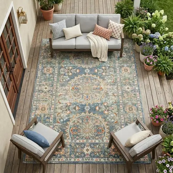 Blue and Orange Floral Medallion Stain Resistant Indoor Outdoor Area Rug Photo 1