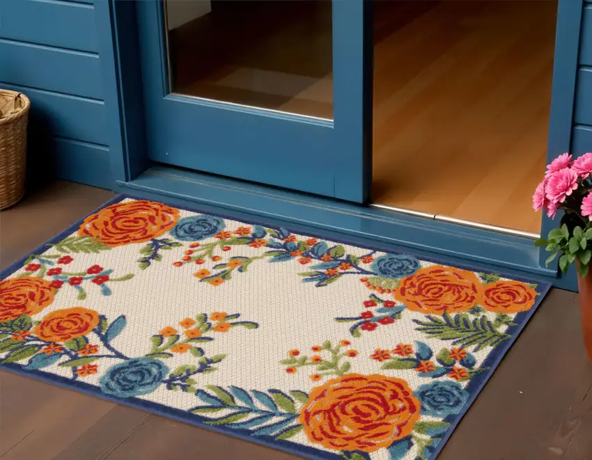 Ivory Orange and Blue Floral Indoor Outdoor Area Rug Photo 1