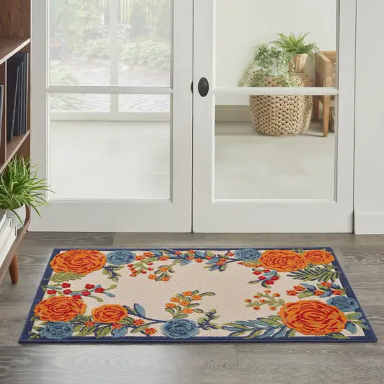 Ivory Orange and Blue Floral Indoor Outdoor Area Rug Photo 9