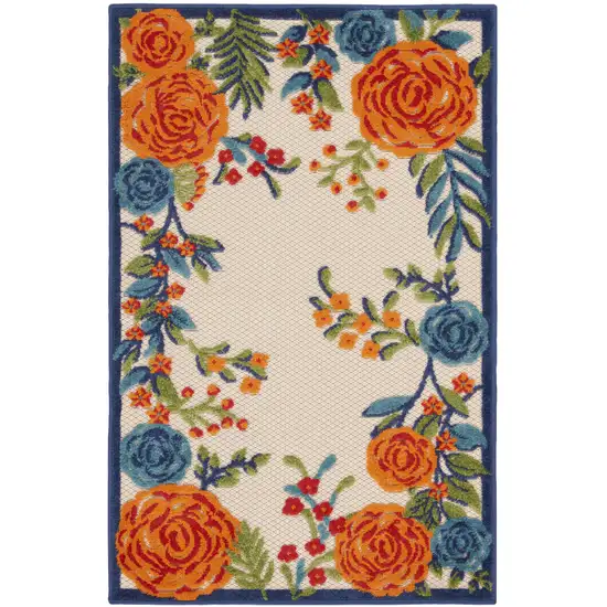 Ivory Orange and Blue Floral Indoor Outdoor Area Rug Photo 1