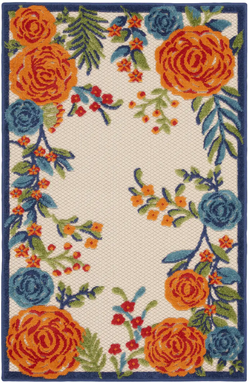 Ivory Orange and Blue Floral Indoor Outdoor Area Rug Photo 1