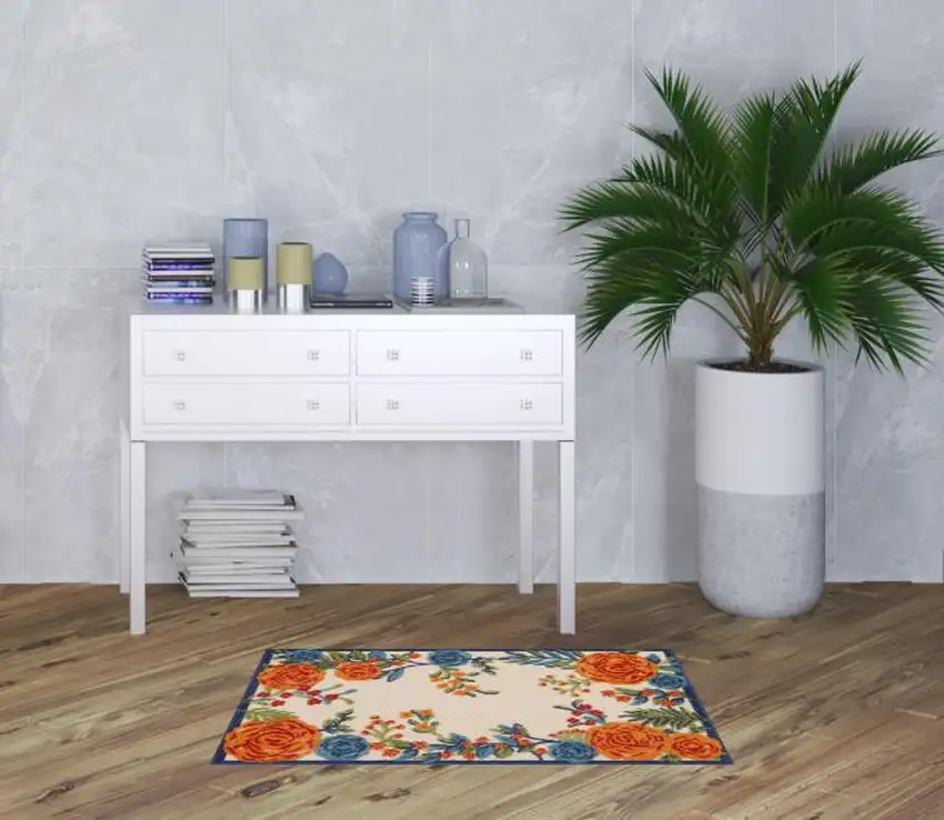 Blue and Orange Floral Power Loom Area Rug Photo 2