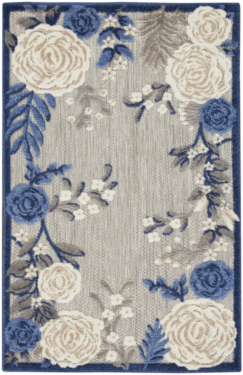 Blue and Gray Floral Indoor Outdoor Area Rug Photo 4