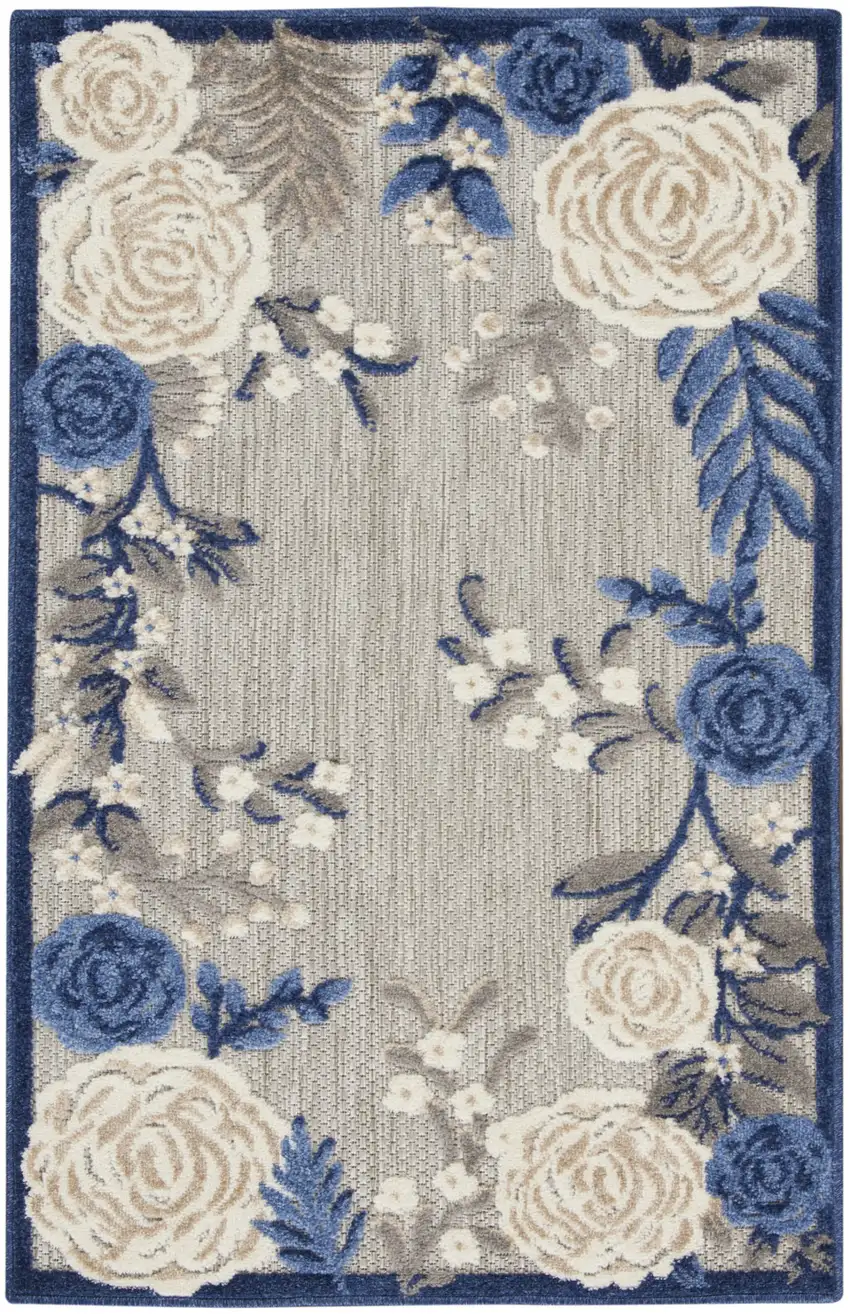 Blue and Orange Floral Power Loom Area Rug Photo 1