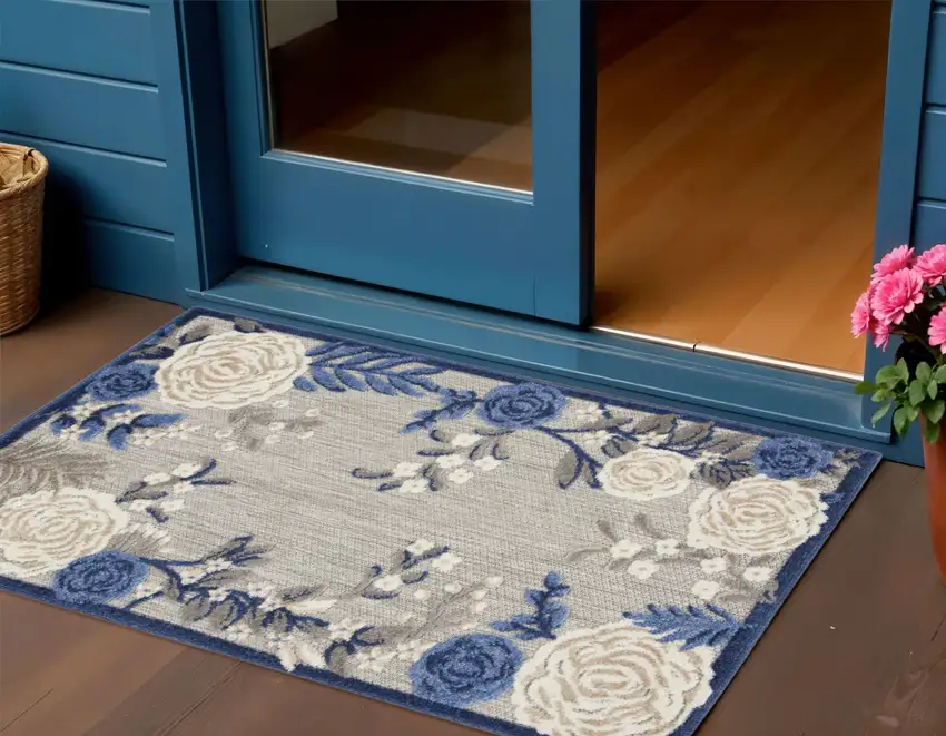 Blue and Gray Floral Indoor Outdoor Area Rug Photo 1