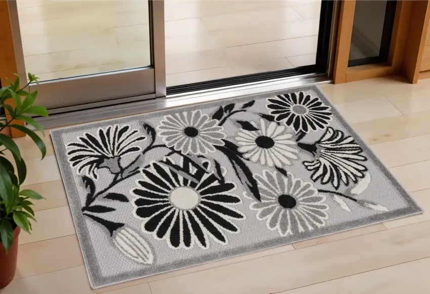 Black and White Floral Indoor Outdoor Area Rug Photo 1