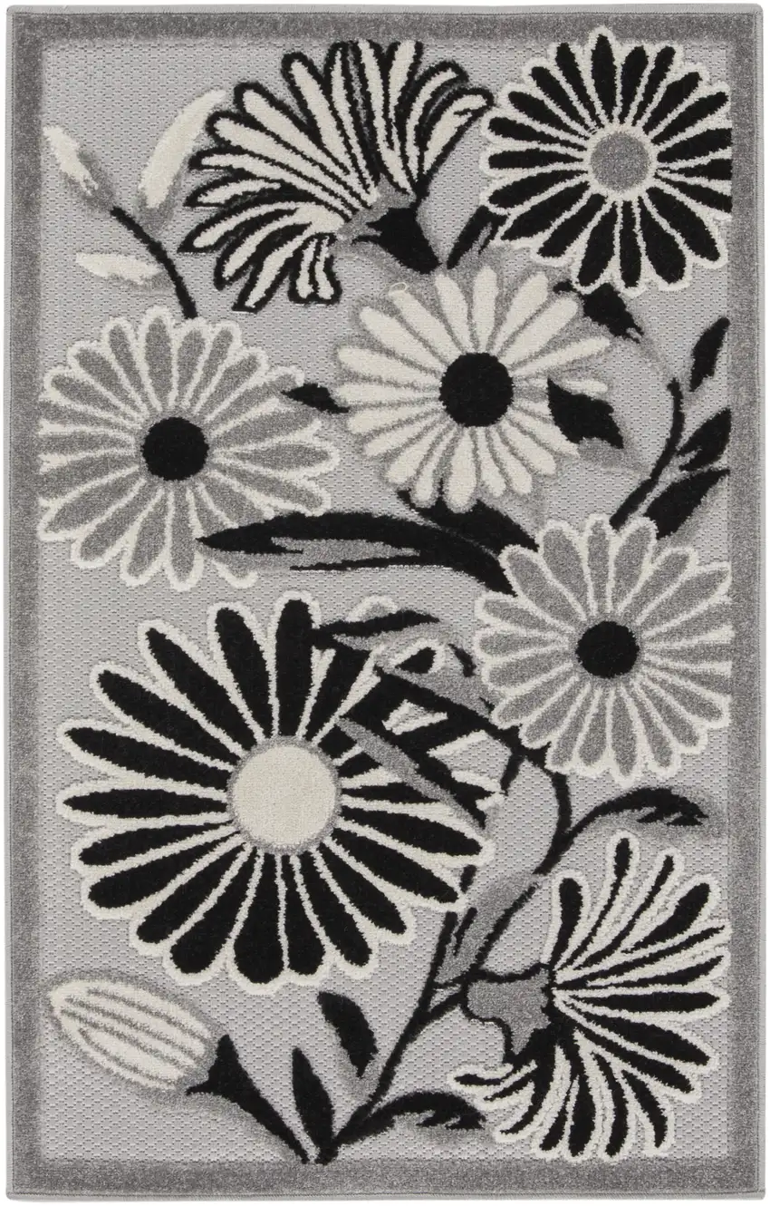 Black and White Floral Indoor Outdoor Area Rug Photo 1