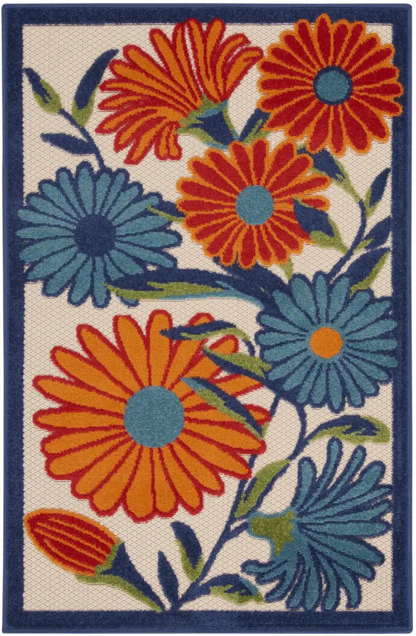 Blue and Orange Floral Power Loom Area Rug Photo 1