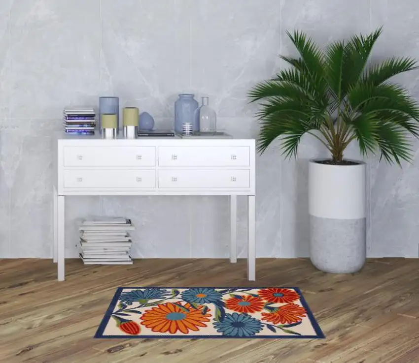 Blue and Orange Floral Power Loom Area Rug Photo 2