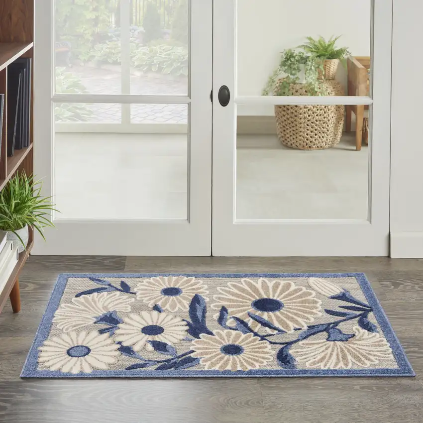 Blue and Gray Floral Indoor Outdoor Area Rug Photo 8