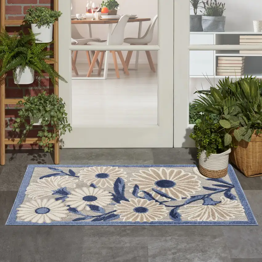 Blue and Gray Floral Indoor Outdoor Area Rug Photo 9
