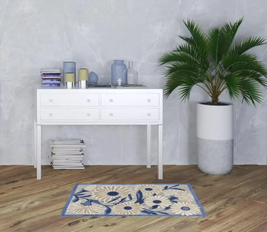 Blue and Orange Floral Power Loom Area Rug Photo 2