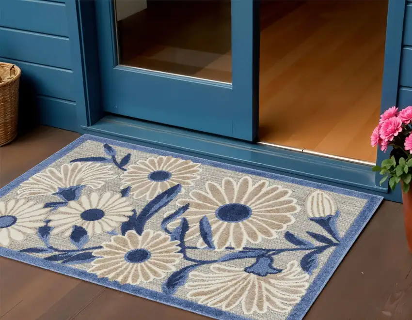 Blue and Orange Floral Power Loom Area Rug Photo 1