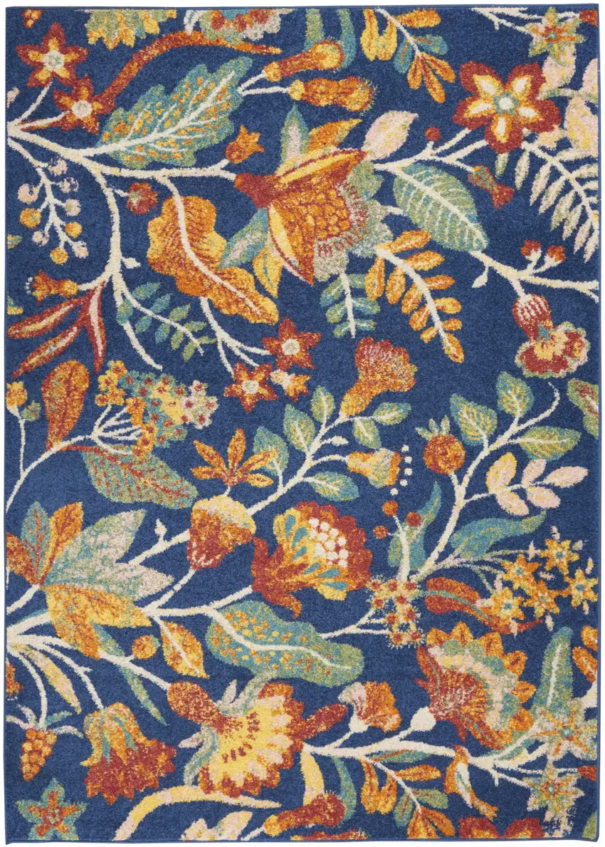 Blue and Orange Floral Power Loom Area Rug Photo 2