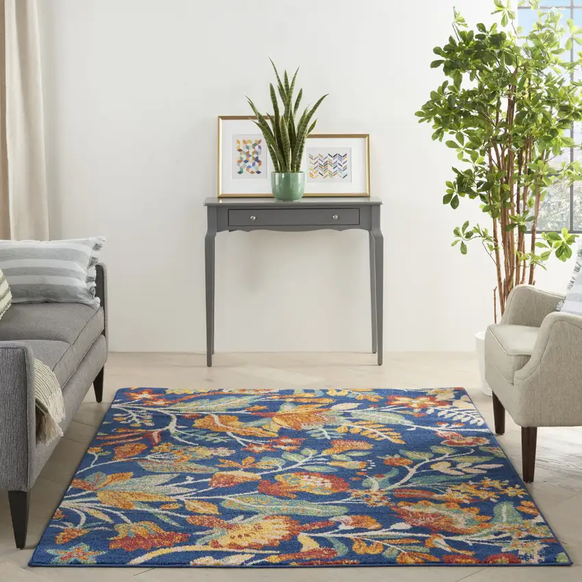 Orange Red And Blue Floral Area Rug Photo 7