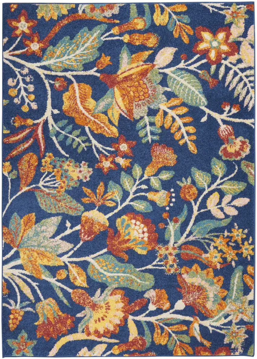Orange Red And Blue Floral Area Rug Photo 1