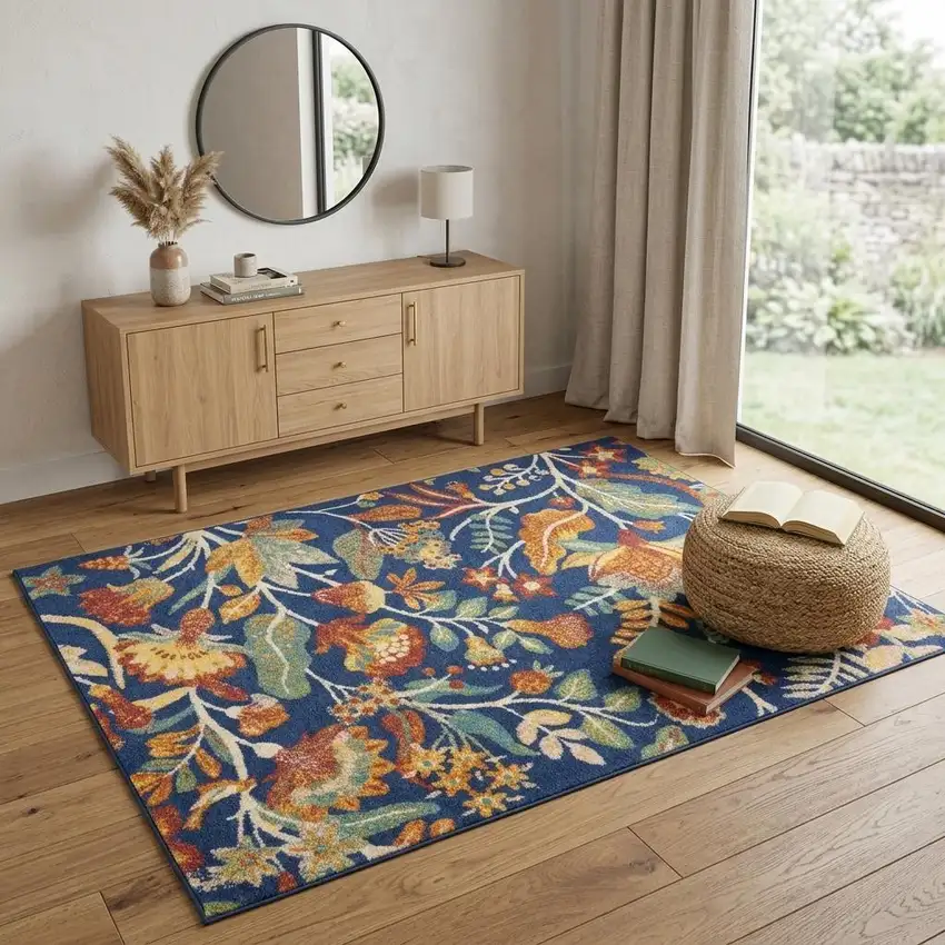 Orange Red And Blue Floral Area Rug Photo 1