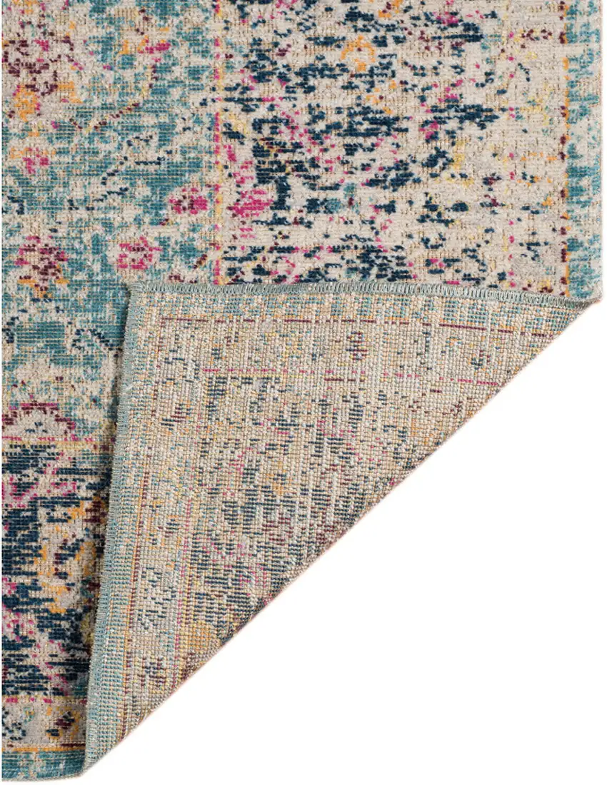 Blue and Orange Floral Power Loom Distressed Area Rug Photo 4
