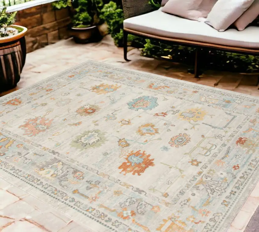 Blue and Orange Floral Stain Resistant Indoor Outdoor Area Rug Photo 1